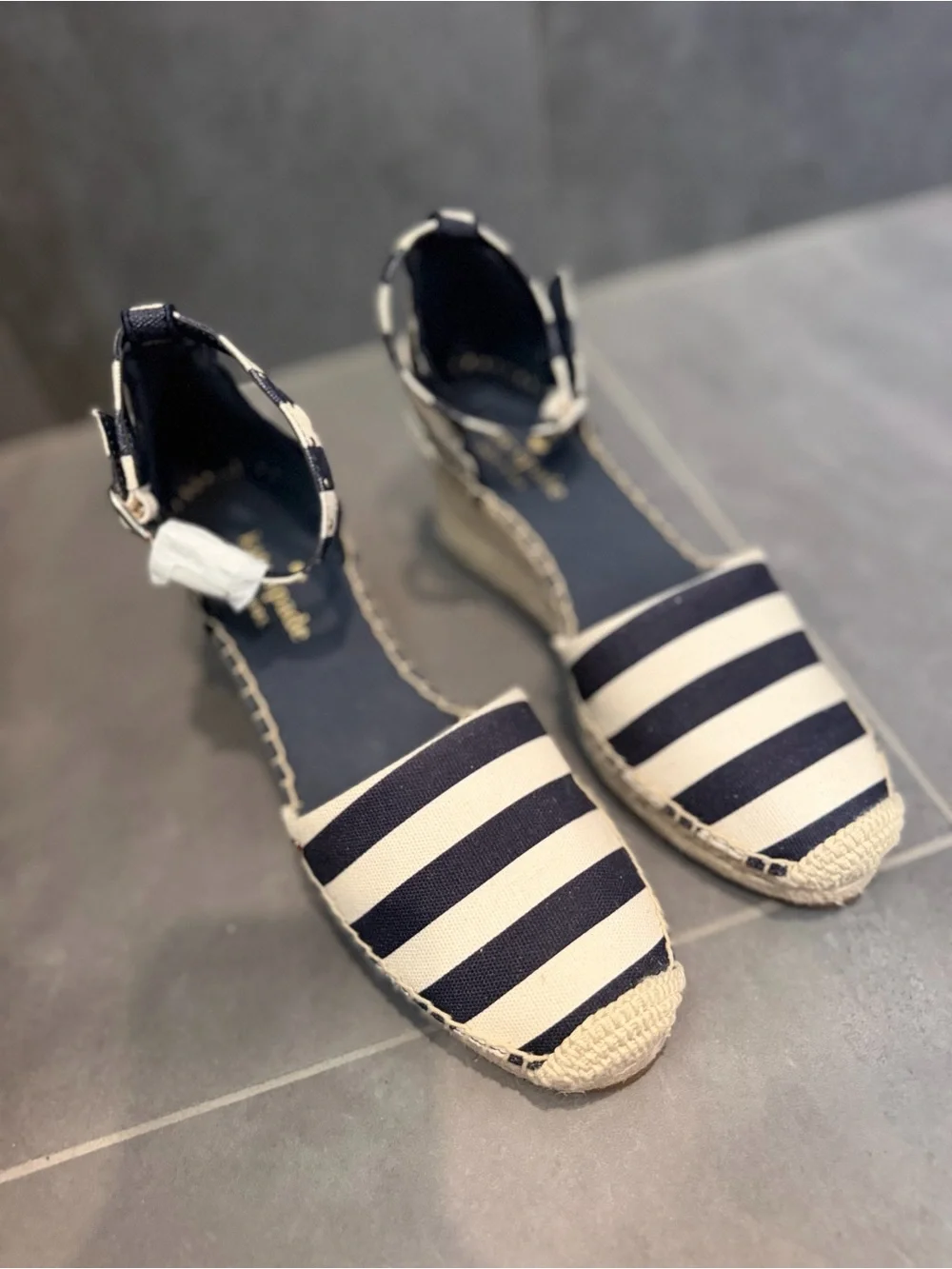 kate spade Navy and White Striped Espadrille Wedge with Ankle Strap
